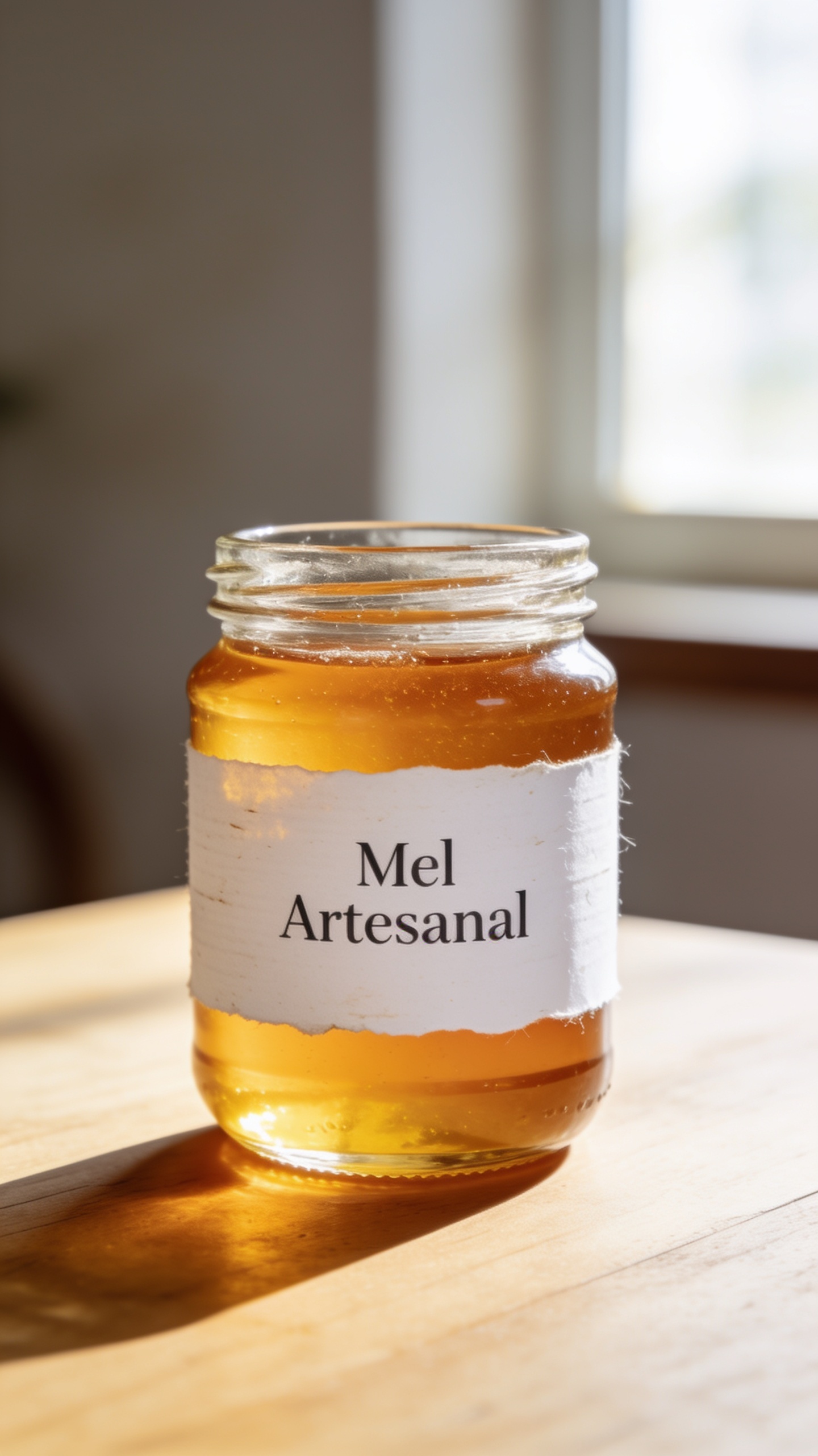 Pote de mel artesanal na mesa de madeira